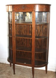Antique Flat Front Oak China Cabinet W/Curved Glass Sides, North Wind Carving, 42x14x65'H  (354)