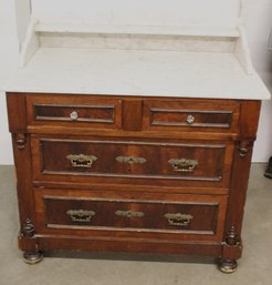 Antique Marble Top Walnut 4 Drawer Flat Front Dresser, W/marble Backsplash 37x21x37'H  (354)