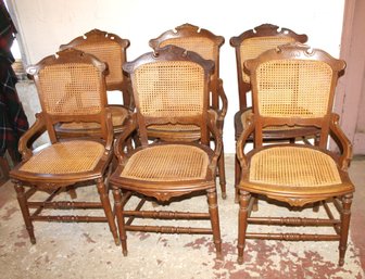 Set Of 6 Antique Oak, Victorian, Eastlake Chairs W/Caned Seat & Back, Hip Rests   (355)