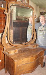 Antique Oak Double Serpentine, 3/1 Drawer Princess Dresser W/large Shaped Beveled Mirror, 48x21x80'H  (356)