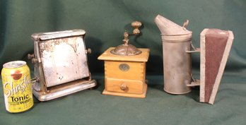Antique Wood Coffee Grinder, Bee Smoker & Universal Toaster W/no Cord   (356)