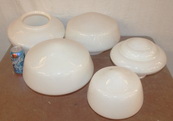 Group Of 5 White Glass Ceiling/hanging  Light Shades, 3@6' Opening & 2@4' Opening  (357)