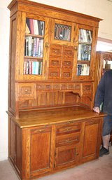 Antique Oak Kitchen Cupboard W/Leaded Glass Door, 2 Bins, 16 Drawers, Pull Out Dough Tray, 53x26x87'H  (357)