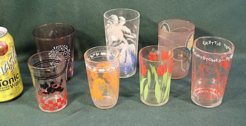 2 Enameled Victorian Tumblers, 3 Swanky Swig Glasses, 1963 Flinstone Glass By Hanna-Barbera, Sailboat   (361)