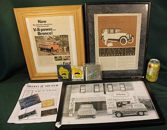 Assorted Form Vintage Lot: 3 Frames - Car Ads & Garage Print, Metal Stick-on Souvenirs    (367)