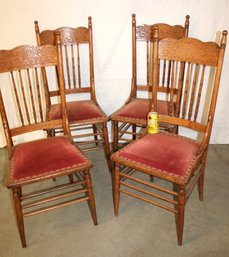 Antique Set Of 4 Heavily Pressed Carved Spindle Back Chairs W/Hip Rests & Upholstered Seats   (367)