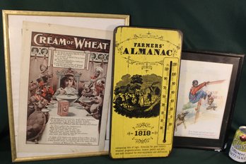 2 'Cream Of Wheat' Framed Ads & Wooden Farmers Almanac Ad W/No Thermometer   (368)