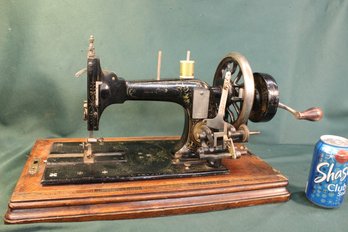 Firsters&Rossmann Sew Machine  W/mother Of Pearl Inlay, Manual Hand Crank, Inlay Cabinet, Inside Drawer(370)