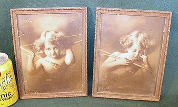 Antique Pair Framed Prints - 'Cupid Awake' & 'Cupid Asleep', 1897, 6.5x9'H  (373)