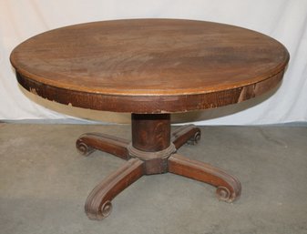 Oak Round Table, 54' Diameter, 30'H, Will Take Leaves, Solid Quatersawn Oak, Pedestal, Damaged Veneer  (375)