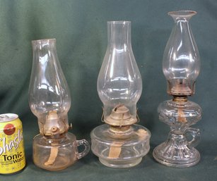 3 Antique Oil Burning  Lamps - 2 Are Finger Lamps, One Is A Bracket Lamp  (375)