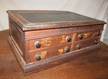 Antique Oak Merricks 4 Drawer Lift Top Spool Cabinet W Desk Top,Ca 1890 27x20x12'H  (377)