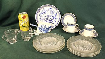 Blue/white Dresden, Germany Bowl, Candlewick Sugar & Creamer, 2 English Cups/3 Saucers, 8@6' Glass Plates(379)