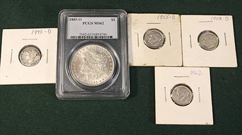 1885-D Slabbed MS62 Morgan Silver Dollar, 1955D, 1958D & 1962D US Roosevelt Dimes & 1943D Mercury Dime  (381)