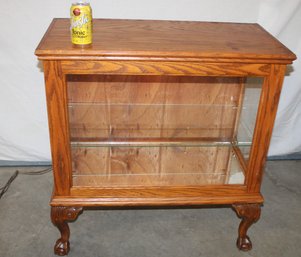 Small Contemporary Lighted, Glass & Oak Showcase W/Side Doors, 1 Shelf & Claw Feet, 32x16x33'H  (382)