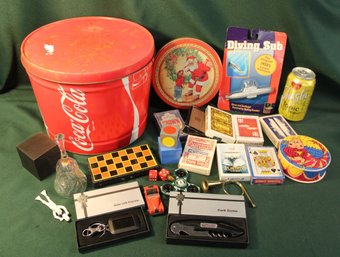 Misc. Lot In Vintage Coca Cola Tin  - Playing Cards, Puzzle, Toys Bell, More (385)