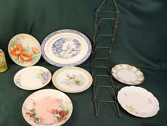 7 Antique  Plates & Hanging Plate Rack - Haviland, Carlsbad, Nippon, Bristol, More   (385)
