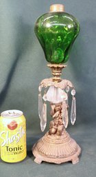 Antique Lamp Base W/Green Glass Font And Glass Prisms, No Burner, 15'H   (386)