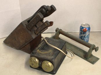 Antique Cutlery In Stand, Alarm W/brass Bells, Antique Solid Brass Door Handle Bar   (391)