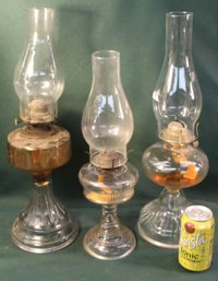 3 Antique Oil Lamps W/Chimneys And Burners, 17, 19 & 19'H  (391)