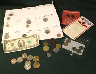 5 Bicentennial Quarters, Susan B. Anthony &Sacajawea Dollars, 5 Nickel Set, Misc. Coins, Foreign & $2.00 (401)