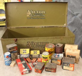 'Victor Gaskets' Metal Box, 32x12x10'H, & Contents - Bottom Of Box Rusted Through  (408)