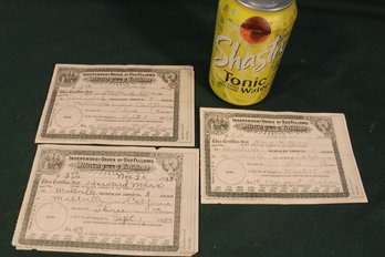 3 Antique Odd Fellows Membership Certificates, Millville, Calif. From 1931, 1932, 1933  (408)