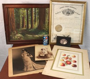 Lot - 23x19' Oil On Board, Geo. Steadman, 17x21' St. Of Calif. Award, 3 B&W Photos, 16x20' Apple Print  (410)