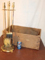 Fireplace Tools, 28'H And Antique Wood Box, 24x15x10'H   (411)