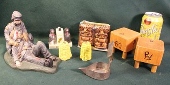 Antique Tin Whale Oil 'Betty' Lamp 4'H, Civil War Figure & 4 Pair Salt & Pepper Shakers   (412)