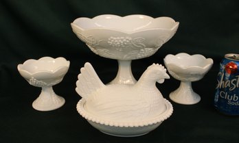 Antique White Glass Centerpiece Bowl (10x7'H )& 2 Candle Holders & Covered Settin' Hen Bowl  (412)