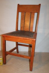 Antique Oak Arts & Crafts Side Chair W/Leather Seat(413)