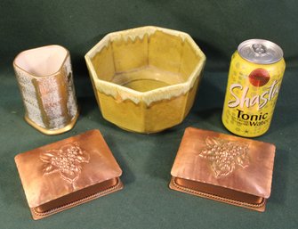 Antique 6'D Pottery Bowl, 4'H Stangel Pottery Vase & 2 Gregorian Copper Cigarette Boxes  (41)