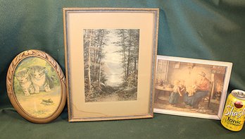 Antique 3 Framed Prints -  7x9' Kittens Oval,  1913 Woods Scene 11x14' & Mother & Children 10x8'      (420)