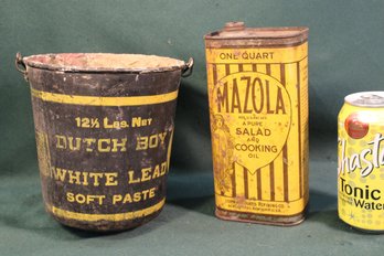 Antique Dutch Boy White Lead Soft Paste Bucket & Mazola Tin   (42)