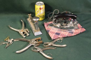 Antique Durabilt Folding  Clothes Iron, ACE Stapler, Punchers & 4 Clock Keys  (44)
