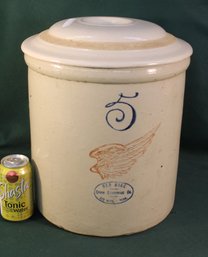 Red Wing 5 Gallon Crock W/Lid, Hairline Crack, 13H   (47)