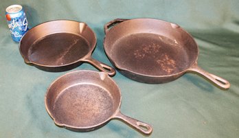 3 Vintage Cast Iron Skillets  (48)