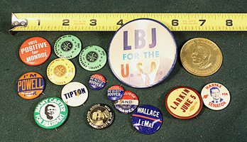 12 Political Pin Back Buttons - 1 Wallace Coin & 3 D&H Rail Road System Federation Pins   (59)