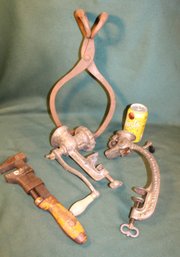 Antique B&c NPR Wrench, Enterprise Raisin Seeder, Best Made #1 Meat Grinder & Ice Tongs   (64)