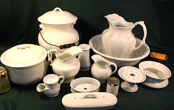 12 Antique Ironstone Bowl & Pitchers, Chamber Pots & More Pieces - Johnson Bros., Homer Laughlin, More   (66)