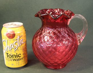Antique Hand Blown Cranberry Glass Pitcher, Quilt Art Pattern W/Optic Ribbon Handle, 6H.   (6)