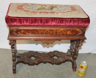 Antique Eastlake Upholstered Walnut Lift Top Bench Seat W/Burl Insets, 22x11x20H (72)