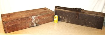 2 Antique Tool Boxes & Contents - One Wood W/5 Saws (33x13x7) & One Metal Kennedy W/14 Saws (32x8x10)   (73)