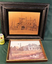 2 Framed Pcs - 21x18 Etching On Copper By Lenny G. Davis 1975 & W. Palluth Print 15x12 (77)