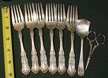 Antique Silver Plate 6 Wallace Pat. 07 Forks, English Spoon & German Scissors  (7)
