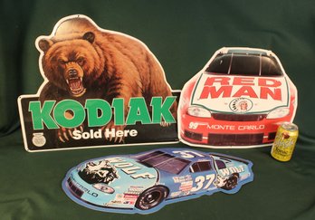 3 Vintage Metal Signs - 20x17 Kodiak, 16x14' Red Man & 23x11' Timberwolf    (91)