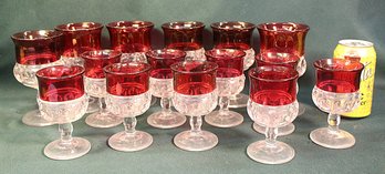 Antique 15 Kings Crown Goblets  -  3 Cranberry 5.5'H,  3 Red 5.5'H  &  9 Cranberry 4.5'H  (92)