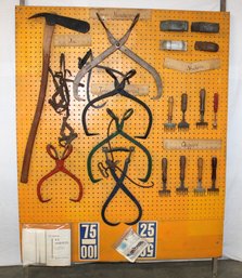 Display Of Antique Iron Ice Harvesting Tools - Cramp Ons, Shavers, Chippers, Tongs, Axe, 46x55 Board (98)