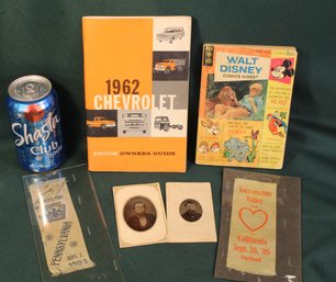1893 & 1905 Ribbons, 2 Tin Types, '62 Chevy Owner's Guide, 1970 Walt Disney Comic Book  (9)